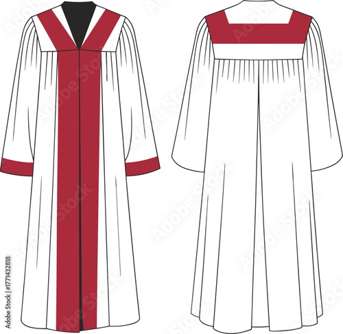 White choir robe front and back view, red accents, ceremonial garment, religious attire, vector illustration, church fashion, formal wear