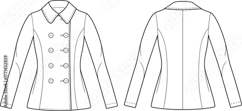 Women’s coat sketch, double-breasted design, princess seams, technical flat, fashion illustration, topstitch detail, front back view, long sleeves, pointed collar, garment construction