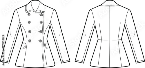 Women's double-breasted coat sketch, front and back view, notched collar, flap pockets, princess seams, tailored fit, fashion flat, vector