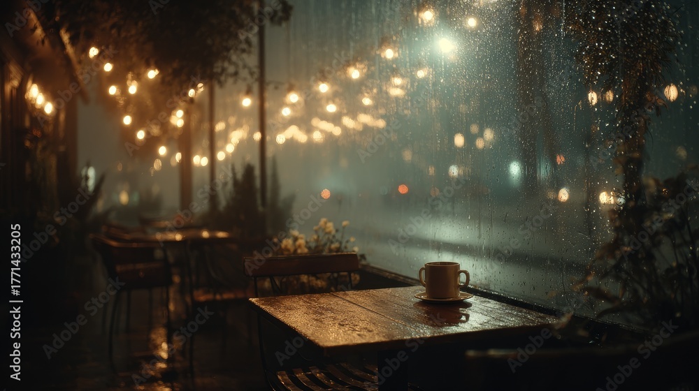 Fototapeta premium Cozy nighttime cafe with warm yellow lights, raindrops on window, empty table with steaming coffee cup, cinematic soft film grain, dreamy peaceful atmosphere