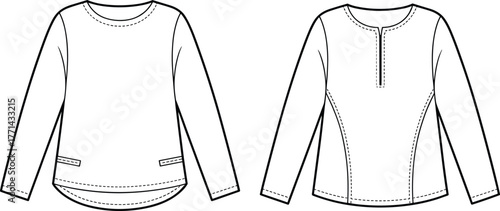 Women's long-sleeved tops sketch, front and back views, welt pockets, princess seams, curved hem, fashion flat, garment design, vector