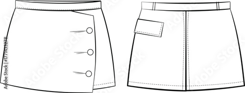 Women's skirt sketches, front views, asymmetrical panel, button detail, flap pocket, A-line silhouette, fashion flat, garment design, vector
