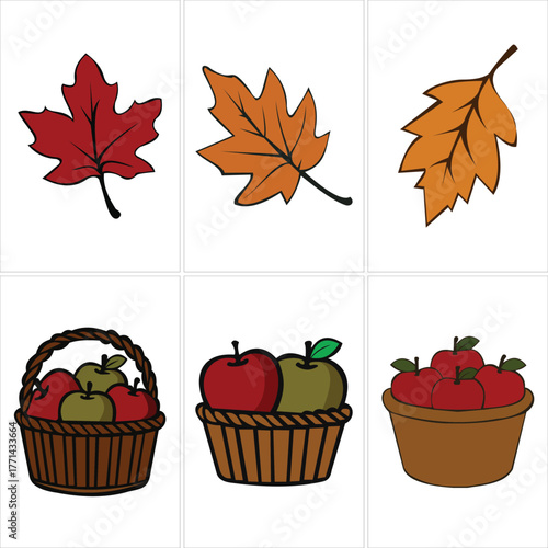 Autumn leaves and baskets of apples collage fall maple leaf