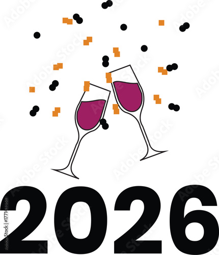 Two glasses of wine toasting with 2026 celebration