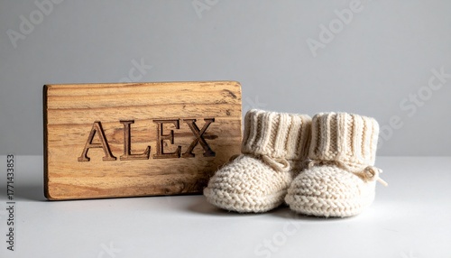 Wooden board with name Alex engraved and knitted baby shoes. Neutral photo for baby name announcement