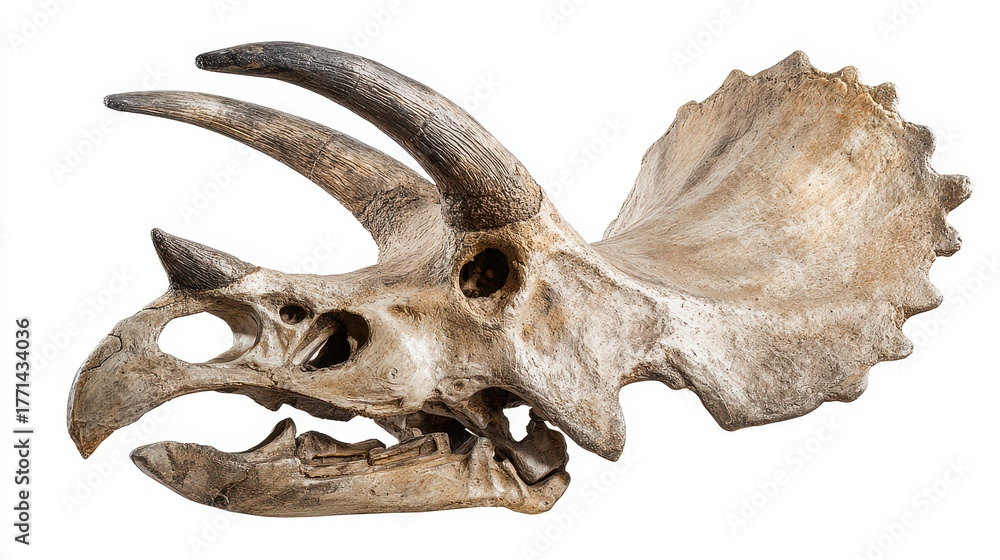 Obraz premium Triceratops Skull. Jurassic Era Fossil of Ancient Dinosaur Skeleton on White Background