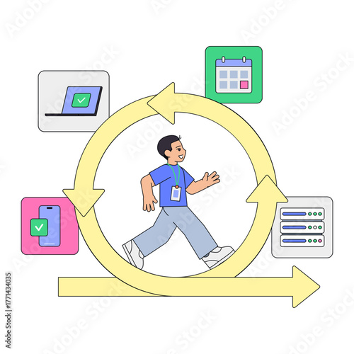 Developer in Agile Deployment Loop,Team-driven rapid deployment process,Engineer walking through agile sprint