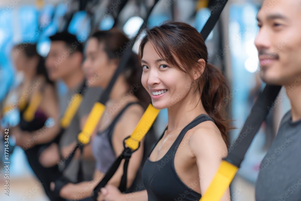 Fototapeta premium TRX Class: Asian Athlete Engaging in Arm Balancing Activity with Bright Cheerful Background