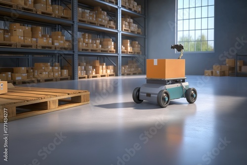 A small robot transports a cardboard box in a spacious warehouse filled with stacked packages.