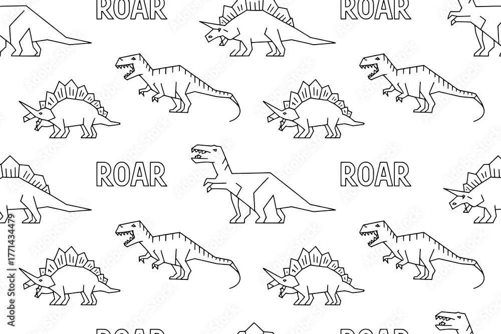Fototapeta premium Seamless Black and White Line Art Dinosaur and 'ROAR' Text Pattern