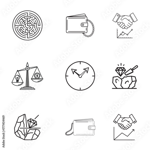 Collection of hand drawn business and finance icons representing success strategy and opportunity