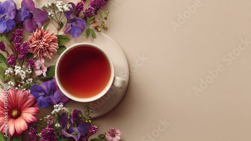 A top-down view of a cup of tea, with beautiful vibrant flowers arranged around it
