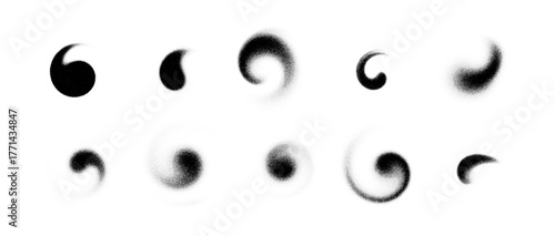 set Abstract shape swirl background with grain, gradient, and noise effects. Dots, spray, and halftone textures flow in liquid motion, creating a vintage, gritty, Y2K-inspired vector design