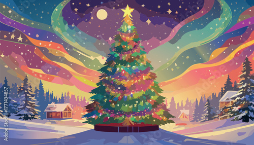 Christmas tree glowing under aurora borealis winter night