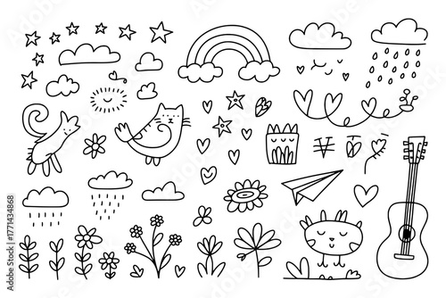A whimsical collection of 42 hand-drawn doodle elements, featuring stars, clouds, plants, animals, and objects in simple black outline on a white background.
