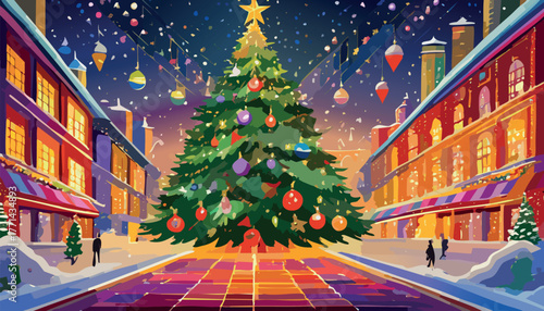 Christmas tree dominating festive city street