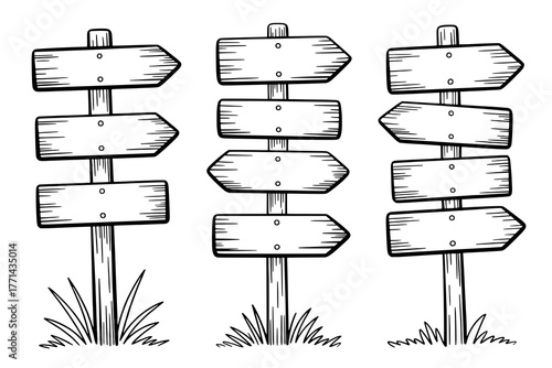 Set of three black outline hand-drawn wooden signposts with varying arrow and rectangular signs, textured with hatching, standing in grass against a white background.