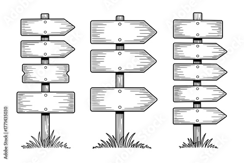 Set of three black outline hand-drawn wooden signposts with varying arrow and rectangular signs, textured with hatching, standing in grass against a white background.