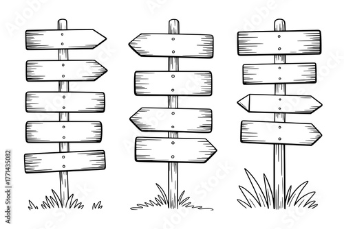 Collection of Three Hand-Drawn Black Outline Wooden Signposts with Directional Arrows and Blank Boards, Sketch Style on White Background