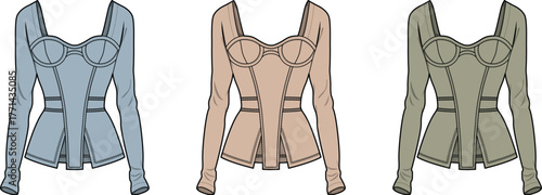 Digital flat illustration of women's long-sleeve peplum bustier tops, showing varied apparel designs in blue, beige, and olive colors for clothing creation