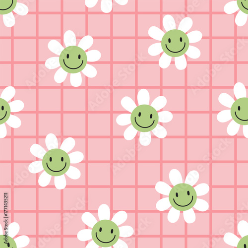 Daisy flower emojis, seamless pattern in groovy style. Funny repeating print ...