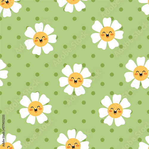 Daisy emojis, seamless pattern. Groovy retro style background, endless textur...