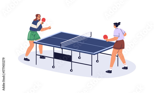 Playing ping pong game at table. Female during sport training activity. Women players with ball and rackets. Active paddle fitness, pingpong. Flat vector illustration isolated on white background