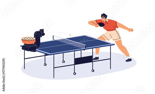 Playing ping pong with ball launcher machine. Man player training with table tennis device. Sport game activity with automatic serving gadget. Flat vector illustration isolated on white background