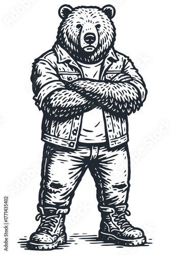 A cool anthropomorphic bear character in a denim jacket and boots with arms crossed. Strong mascot illustration in a vintage monochrome engraving vector style.
