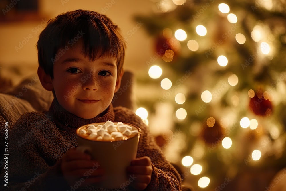 Naklejka premium Boy enjoying hot chocolate near Christmas tree