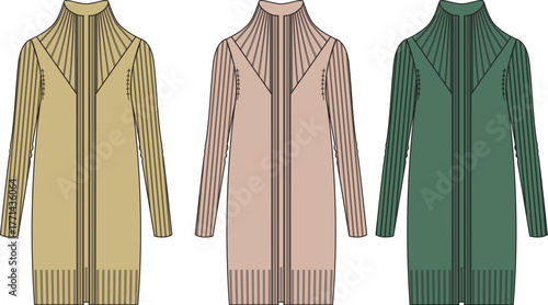 Fashion illustration of three long-sleeved midi dresses in different colors on white background
