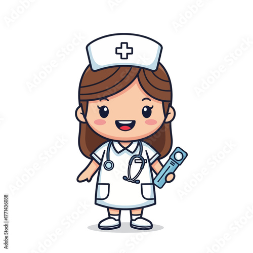 Cute cartoon nurse character smiling, wearing a white uniform with a cross on her cap, holding a thermometer and stethoscope.