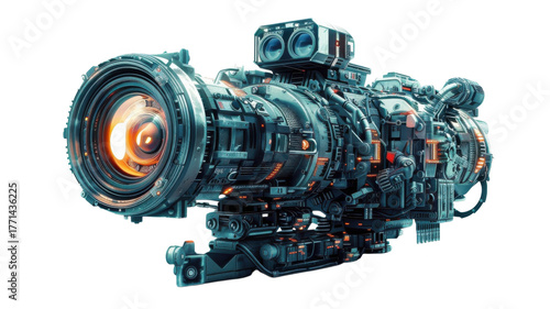 Futuristic machine with lens on transparent background