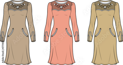 Fashion technical drawing collection of a long sleeve collared shirt dress template for apparel design and clothing manufacturing