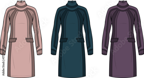 Vector fashion illustration of a modern high-neck dress with paneling and pockets. Clothing design technical flat shown in three color variations
