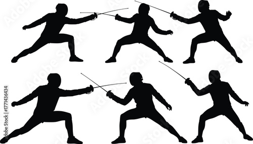 Fencing silhouette, sword duel, combat stance, parry action, lunge movement, protective gear, sports discipline, agility, respect, precision