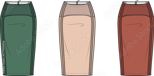 Three elegant pencil skirts in different colors green, beige, and rust, presented in a flat fashion illustration style
