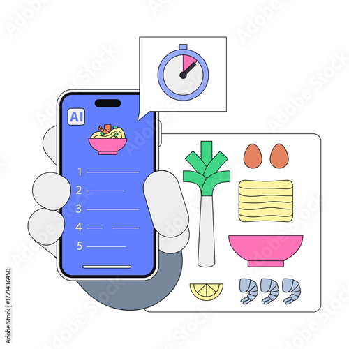 Mobile app tracking cooking steps, AI powered meal preparation