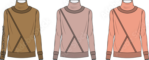 Turtleneck sweater flat sketches, modern apparel design with distinctive diagonal color-block elements in three stylish hues, ideal for fashion illustrations and mockups