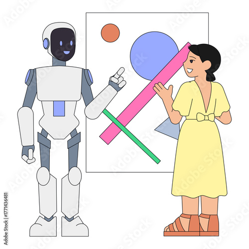 Robot explaining abstract painting to visitor, AI museum guide for enhanced learning experience