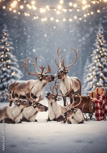 A wintry scene of six reindeer huddled together in snow with a sleigh, trees, and glowing lights, evoking a festive holiday atmosphere
