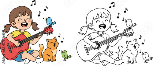 Title: Joyful Girl Playing Guitar with Pet Cat and Birds - A Whimsical Musical Moment