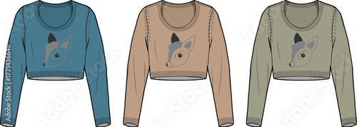 Collection of trendy long-sleeve cropped sweatshirts featuring a deer head design. Technical apparel drawing template for fashion industry in multiple color options