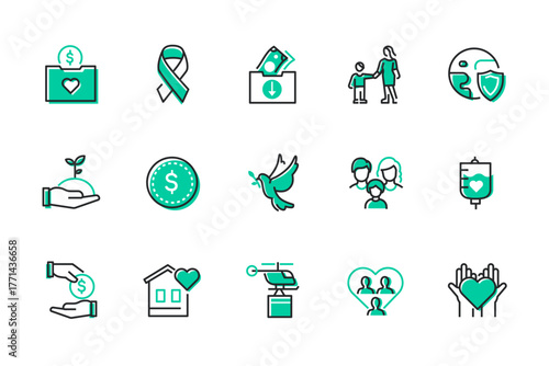 Charity - set of line design style icons