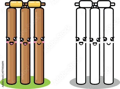 Cute Kawaii Cricket Wickets with Bails Vector Illustration - Adorable Sports Equipment Cartoon Character Design for Kids and Playful Themes