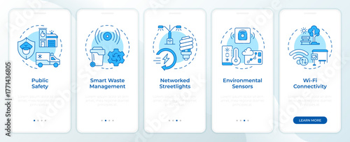 Smart city infrastructure and services blue onboarding mobile app screen. Walkthrough 5 steps editable graphic instructions with linear concepts. UI, UX, GUI. Montserrat SemiBold, Regular fonts used