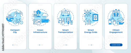 Sustainable urban development blue onboarding mobile app screen. Walkthrough 5 steps editable graphic instructions with linear concepts. UI, UX, GUI. Montserrat SemiBold, Regular fonts used