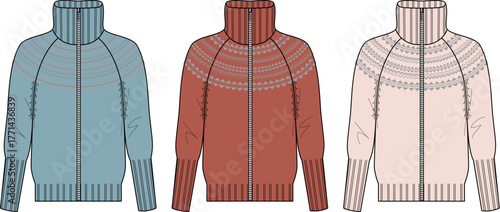 Collection of women's knitted zip-up turtleneck sweaters with Scandinavian Fair Isle yoke pattern. Fashion flat sketch vector illustration set