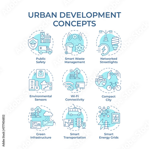 Urban development soft blue concept icons. Urbanization strategy integration. Smart city management. Innovations. Icon pack. Vector images. Round shape illustrations for brochure. Abstract idea