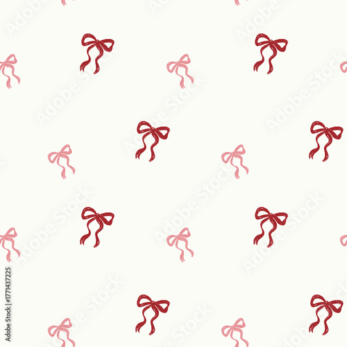 Seamless pattern with cute red and pink bows. Crayon style. Festive background
